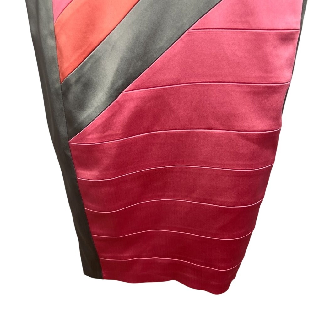 JAX Satan Sheath Dress Color Block Strips Split Shoulder SZ 12‎ Gray Pink Orange - Picture 3 of 8